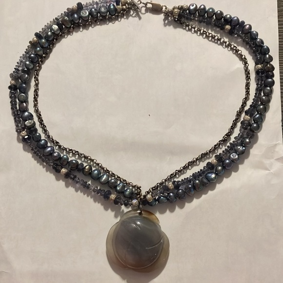 Silver Metallic Three Strand Beaded Necklace with Rose - Picture 3 of 3